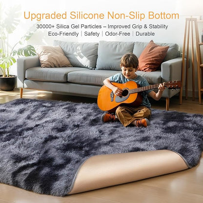 KICHOWUA Thick Area Rug Dark Grey Fluffy 4x6 for Bedroom Living Room Washable Plush Rug for Kids Baby Nursery Soft Shag Non Slip Comfy Shaggy Rugs for Dorm Fuzzy Floor Carpet, Tie-Dye Gray