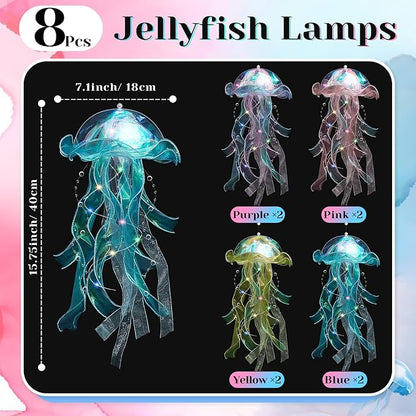 Rossesay 8 Pcs Colorful Jelly Fish Light Lamp Hanging Jellyfish Decorations LED Jellyfish Lantern for Birthday Under Sea Mermaid Wedding Baby Shower Ocean Theme Ceiling Bedroom Decor