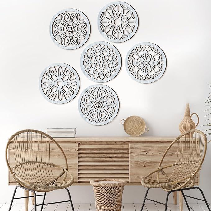 Ferraycle 6 Pieces Thicken Rustic Wall Decor Farmhouse Wall Art Wooden Round Art Hanging Decoration Hollow Carved for Living Room Bedroom Kitchen Office Apartment Hallway(Retro Grey)