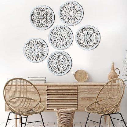 Ferraycle 6 Pieces Thicken Rustic Wall Decor Farmhouse Wall Art Wooden Round Art Hanging Decoration Hollow Carved for Living Room Bedroom Kitchen Office Apartment Hallway(Retro Grey)