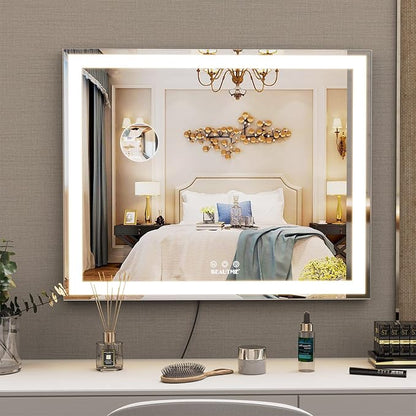 ANYHI Hollywood Makeup Mirror with Lights, Large Lighted Vanity Dressing Table Mirror, Desktop/Wall Mounted Mirror with Lights, Smart Touch Screen, with 10X Magnification, Silver (23.6''x20'')