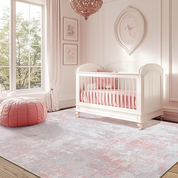 RELEANY Washable Area Rugs 6'x8' Non-Slip Modern Abstract Soft for Living Room Entryway Bedroom Nursery, Print Pattern, Grey Pink