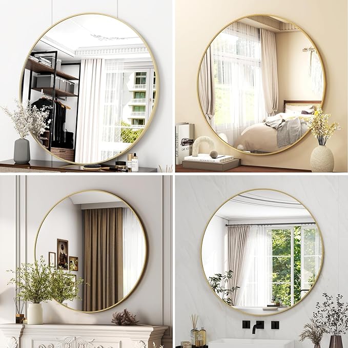 EASLY 32'' Round Mirror, Gold Bathroom Wall Mirror with Metal Frame for Entryway, Living Room, Vanity, Bedroom