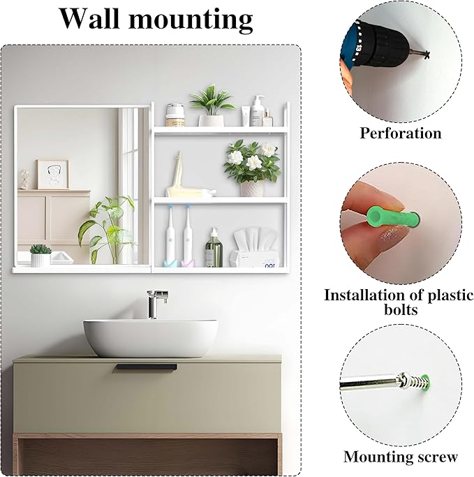 White Metal Framed Bathroom Mirror with Shelf, 40" X 24.4" Rectangular Wall Mounted Bathroom Vanity Mirror, Modern Bathroom Mirror with Storage for Over Sink, Entryway