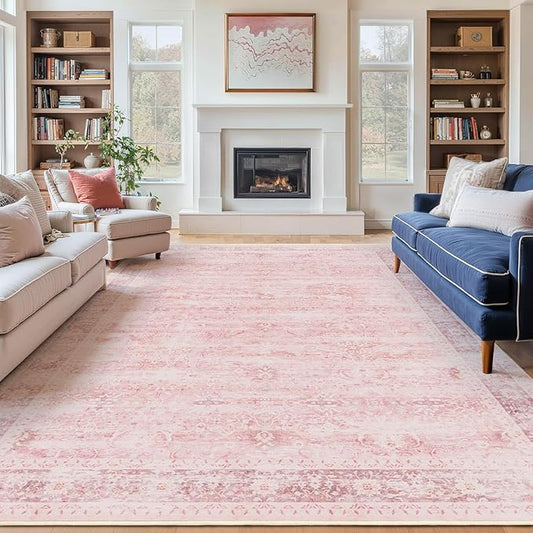 Large Pink Living Room Rug 9x12, Aesthetic Distressed Area Rugs for Bedroom Girls Playroom, Washable Non Slip Nursery Rug Stain Resistant, Low Pile Thin Carpet Rug for Dining Room Home Office