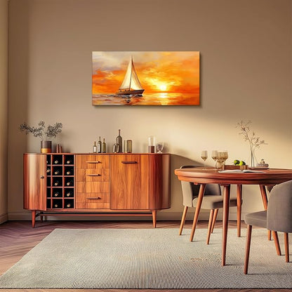SERIMINO Sailboat Large Wall Art, Ocean Sunset Landscape Canvas Painting, Nature Nautical Scenery Art Prints, Orange Aesthetic Pictures Wall Decor Living Room Bedroom Bathroom Home Office 20"X40"