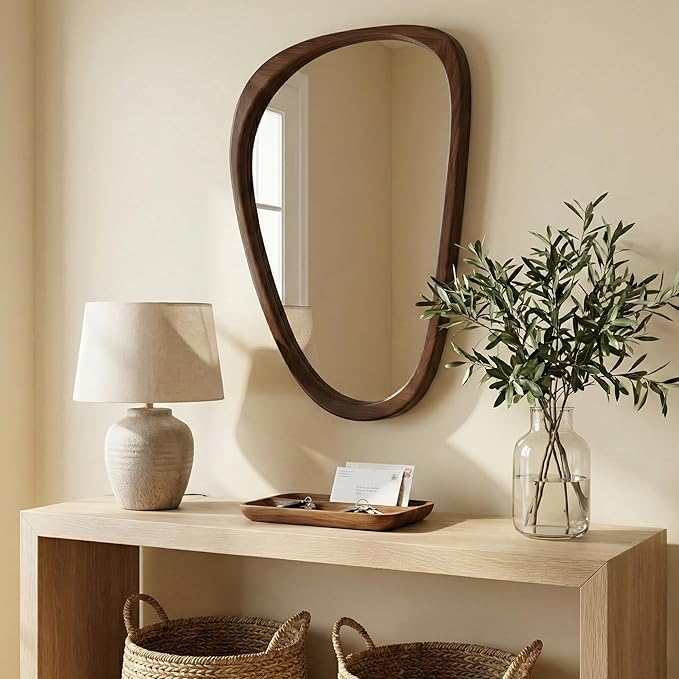 Solid Wood 30"x20" Irregular Asymmetrical Wall Mirror, Japandi Boho Mid-Century Modern Decorative Accent Mirror, Small Organic Shaped Wooden Wall-Mounted Mirror, Dark Walnut