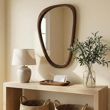 Solid Wood 36"x24" Retro Mid-Century Asymmetrical Wall Mirror, Irregular Wooden Wall-Mounted Mirror, Sculptural Bathroom Vanity Mirror for Living Room & Sideboard, Dark Walnut