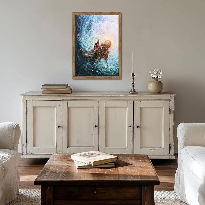 Wood Framed Jesus Christian Wall Art, Hand of God Canvas Paintings Posters Prints, Christ Religion Bible Jesus Salvation Wall Decor for Church Study Prayer Room Home Decoration 12x16 in