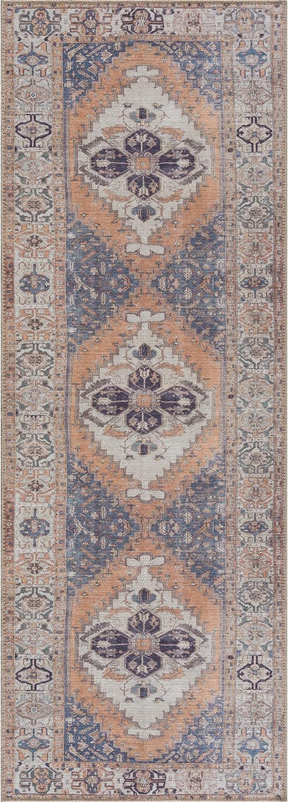 Bloom Rugs Washable 7 ft Runner - Orange/Blue/Beige Traditional Runner for Entryway, Hallway, Bathroom, and Kitchen - Exact Size: 2.5' x 7'