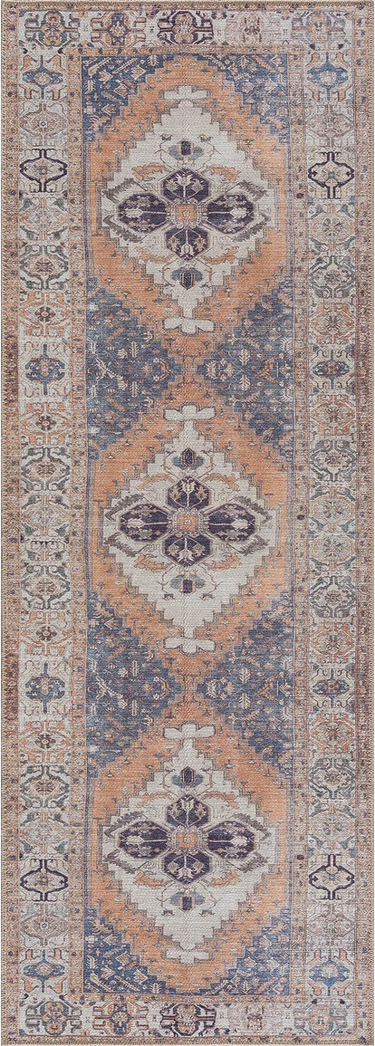 Bloom Rugs Washable 7 ft Runner - Orange/Blue/Beige Traditional Runner for Entryway, Hallway, Bathroom, and Kitchen - Exact Size: 2.5' x 7'