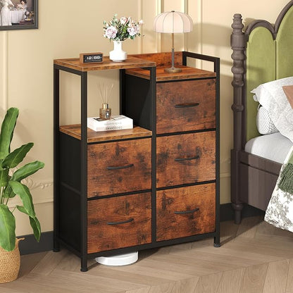 DUMOS TV Stands for Bedroom with 5 Drawers, 5-Drawer Chest of Drawers with Raised Shelf, Storage Tower with Fabric Bins for Closet Organization, Hallway Storage, Tank
