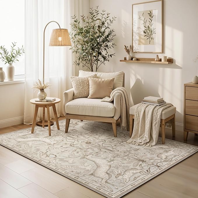 Lahome 5x7 Washable Area Rugs, Dorval Boho Deer Rugs for Living Room, Neutral Botanical Non Slip Low Pile Soft Carpet for Bedroom Dining Room Nursery Office Home Decor Beige
