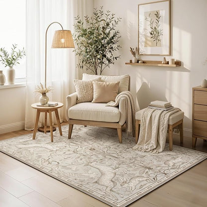 Lahome 5x7 Washable Area Rugs, Dorval Boho Deer Rugs for Living Room, Neutral Botanical Non Slip Low Pile Soft Carpet for Bedroom Dining Room Nursery Office Home Decor Beige