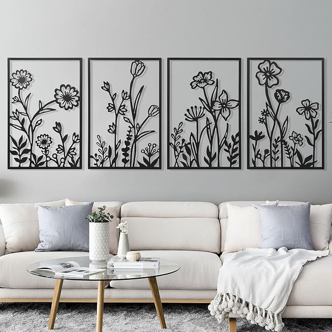 AMAATE Botanical Line Art Metal Wall Decor Set of 4, Black Iron Floral Wall Sculptures Featuring Daisy, Tulip and Wildflower Designs, Minimalist Garden Themed Art for Living Room, Bedroom, Farmhouse Decor,17.7" X 26.4"
