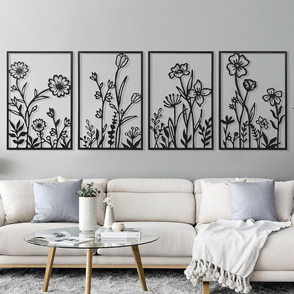 AMAATE Botanical Line Art Metal Wall Decor Set of 4, Black Iron Floral Wall Sculptures Featuring Daisy, Tulip and Wildflower Designs, Minimalist Garden Themed Art for Living Room, Bedroom, Farmhouse Decor,17.7" X 26.4"
