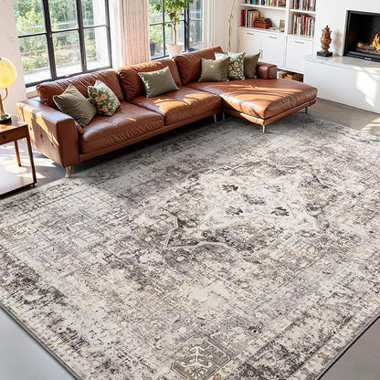 YOH Boho Washable Rug 9x12, Charcoal Gray Vintage Non Slip Area Rug, Distressed Indoor Carpet for Living Room Bedroom Kitchen Office