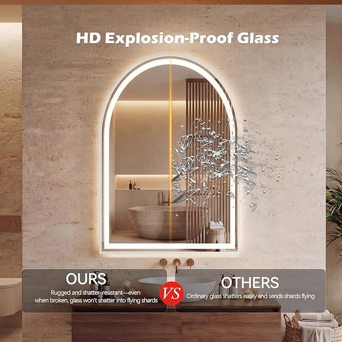Sweetcrispy 24"×32" LED Bathroom Mirror with Lights, Arched Vanity Mirror with Anti-Fog, Dimmable, 3-Color Light, Memory Function, Tempered Glass