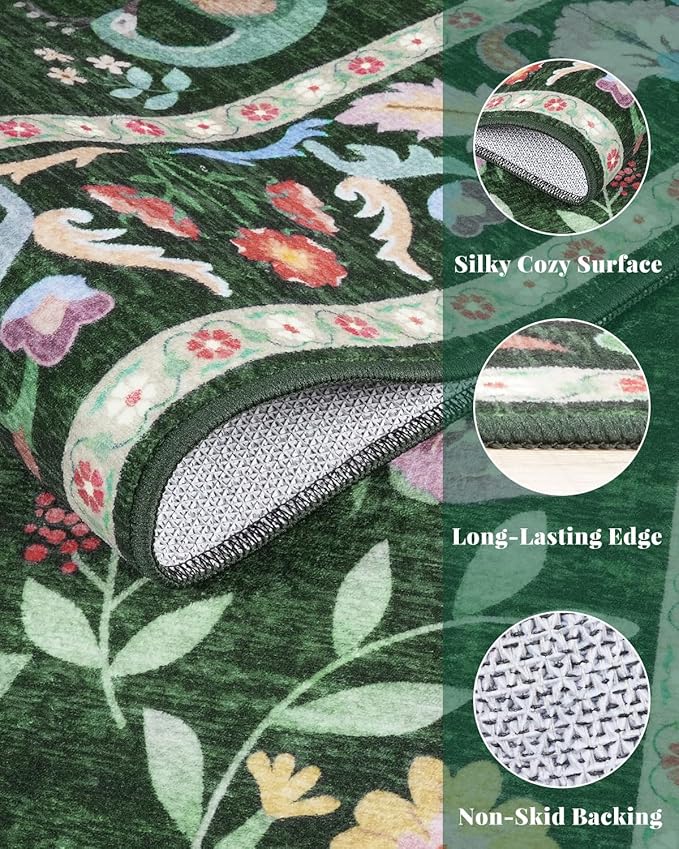 Lunasun Green Washable Floral 2x6 Runner Rug for Hallway- Stain Resistant Kitchen Runners, Botanical & Animal Indoor Floor Mat for Bathroom, Soft Non Slip with Rubber Backed