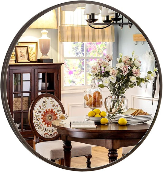 XRAMFY 30 Inch Round Mirror - Circle Mirrors for Bathroom, Entryway and Living Room Wall Decor, Modern Hanging Vanity Mirror, Matte Black Circle Decorative Wall Mirror