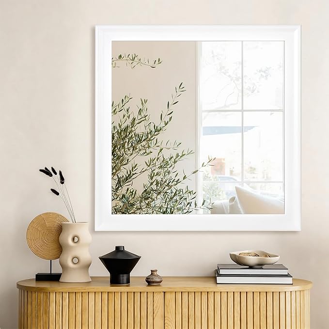 CULER White Wood Wall Mirror for Bathroom,Rectangle 30 x 30 inch Hanging Vanity Mirrors with Wooden Frame for Living Room,Bedroom,Entryway