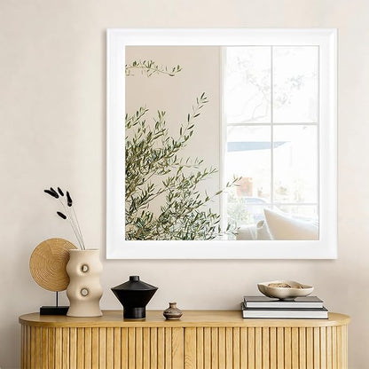 CULER White Wood Wall Mirror for Bathroom,Rectangle 30 x 30 inch Hanging Vanity Mirrors with Wooden Frame for Living Room,Bedroom,Entryway