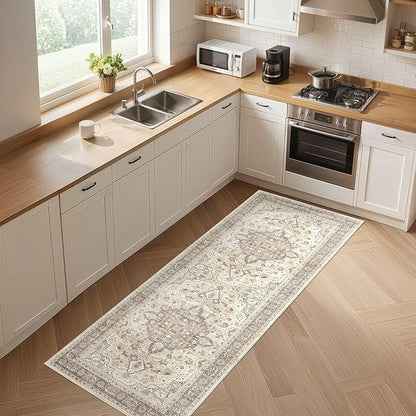 Runner Rug Kitchen Washable Rugs: 2x5 Non-Slip Boho Soft Vintage Stain Resistant Indoor Floor Neutral Farmhouse Throw Carpet for Hallway Bathroom Laundry Room Entryway Bedroom- Brown
