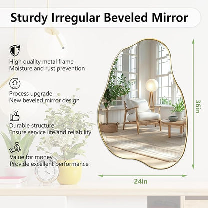 POZINO Irregular Beveled Mirror, 36"x24" Asymmetrical Bathroom Vanity Mirror with Gold Metal Frame, Cloud Shaped Wall Mirrors for Living Room Bedroom Hallway Entryway, Horizontal/Vertical Hanging
