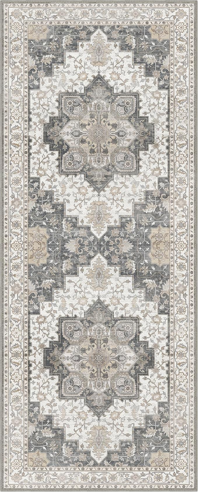 GENIMO 2x6 Runner Rugs for Hallway, Machine Washable Non Slip Vintage Retro Rugs, Low Pile Lightweight Soft Print Rug for enrtyway, Corridor, Home Office, Kitchen, Heathered Grey