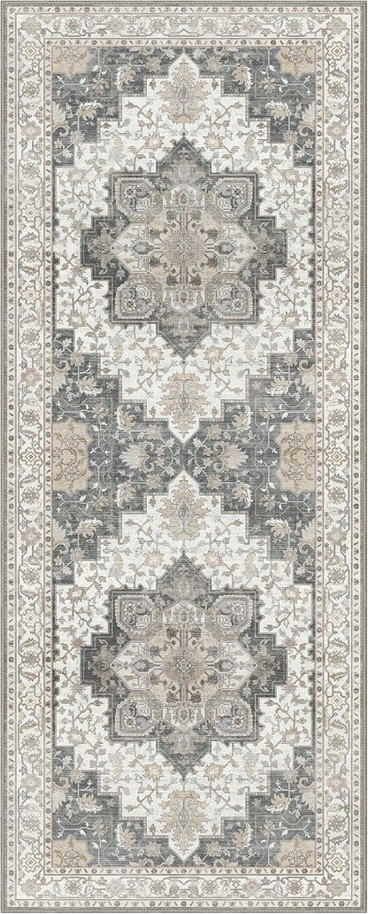 GENIMO 2x6 Runner Rugs for Hallway, Machine Washable Non Slip Vintage Retro Rugs, Low Pile Lightweight Soft Print Rug for enrtyway, Corridor, Home Office, Kitchen, Heathered Grey