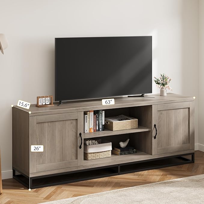 Garvee Farmhouse TV Stand for Living Room, Entertainment Center with 2-Tier Adjustable Shelves & Metal Leg, Wooden TV & Media Console Table for 75 Inch with Storage Compartments, Gray