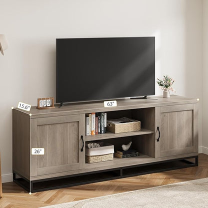Garvee Farmhouse TV Stand for Living Room, Entertainment Center with 2-Tier Adjustable Shelves & Metal Leg, Wooden TV & Media Console Table for 75 Inch with Storage Compartments, Gray