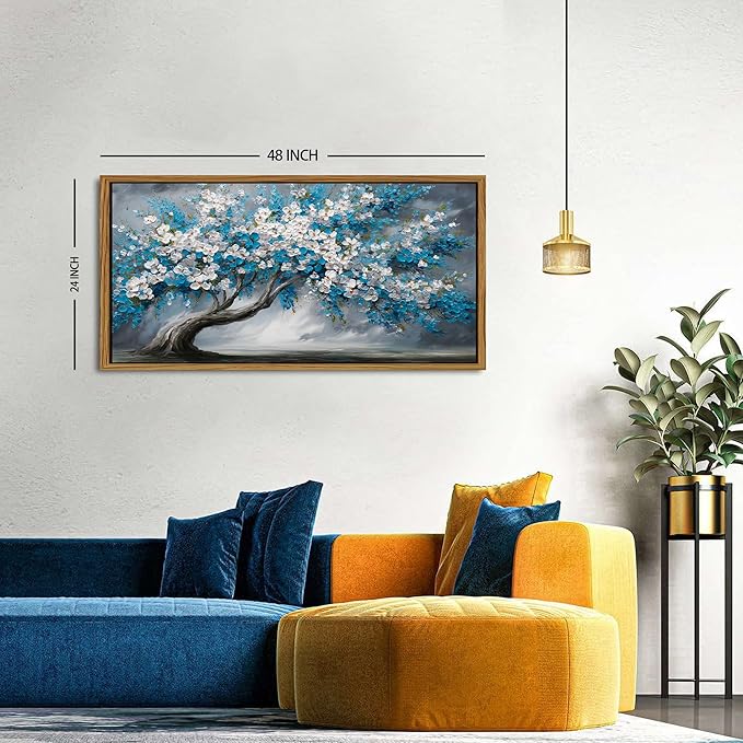 Framed White Blue Tree Wall Art Tree of Life Picture for Living Room Colorful Flower Decor Abstract Nature Scenery Texture Prints Canvas Painting Watercolor Artwork Bedroom Kitchen Decoration 24x48