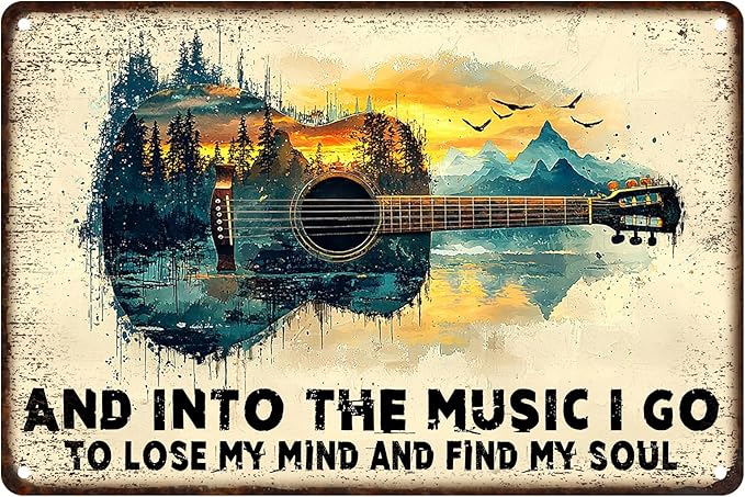 Guitar Metal Sign Vintage Wall Art And Into the Music Tin Sign for Man Cave Bar Garage Music Room Decor 8x12 Inch