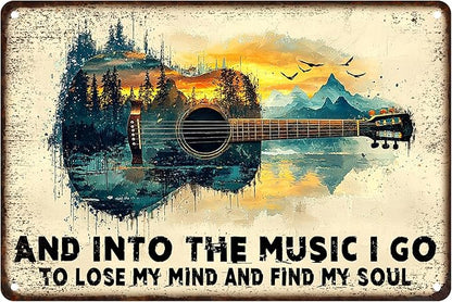 Guitar Metal Sign Vintage Wall Art And Into the Music Tin Sign for Man Cave Bar Garage Music Room Decor 8x12 Inch