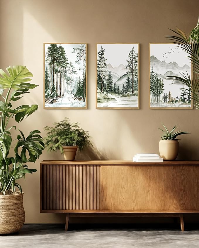 Drsoum Green Tree Forest Framed Wall Art Watercolor Nature Mountain Landscape Prints Morden Wilderness Artwork Bedroom Ready to Hang 16x24in Natural Framed