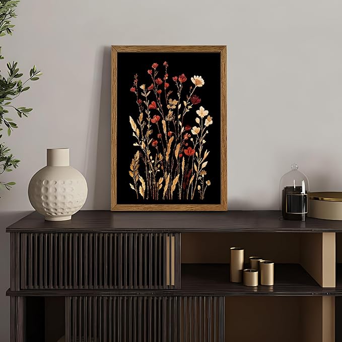 JLTULT Vintage Floral on Black Background Canvas Wall Art, Elegant Dark Wildflower Wall Decor, Botanical Painting Art Prints for Bedroom Bathroom Living Room Office 16x24 In Wood Framed Easy to Hang