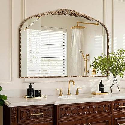 Besdomus Gold Large Fireplace Mirror: 48"x 33" Baroque Vintage Arched Mirror - Traditional Ornate Antique for Bathroom/Vanity/Mantel/Bedroom/Entryway/Hallway - Home Decor for Living Room