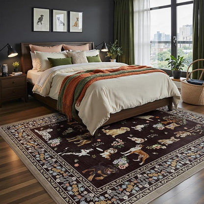 Washable Area Rug 8x10 Black, Large Soft Dog Rugs for Living Room Floral Carpet Dogs Area Rugs for Bedroom Dining Room Non-Slip Stain Resistant Under Table Rug