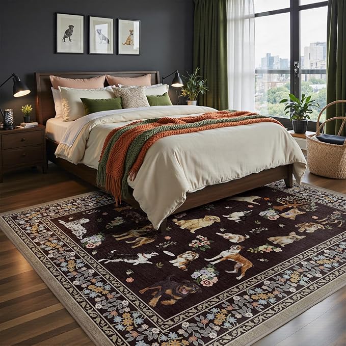 Floral Washable 6x9 Dogs Area Rugs, Soft Black Bedroom Rug for Living Room Ultra-Thin Non Slip Dining Room Rug, Stain Resistant Rugs Easy Clean Throw Carpet for Office (6 x 9, Black)