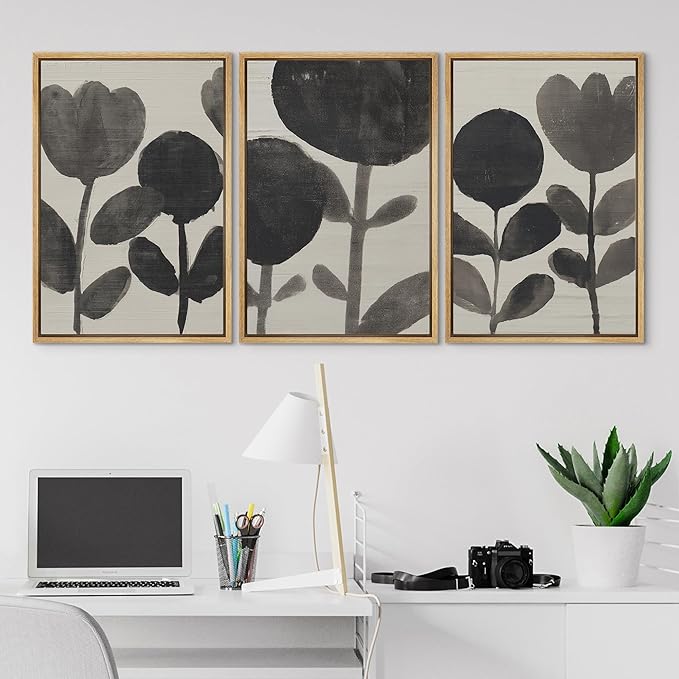 SIGNLEADER Framed Canvas Print Wall Art Set Black Ink Floral Silhouette Neutral Illustrations Minimal Decorative Bohemian Nordic for Living Room, Bedroom, Office - 16"x24"x3 NATURAL