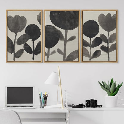SIGNLEADER Framed Canvas Print Wall Art Set Black Ink Floral Silhouette Neutral Illustrations Minimal Decorative Bohemian Nordic for Living Room, Bedroom, Office - 16"x24"x3 NATURAL