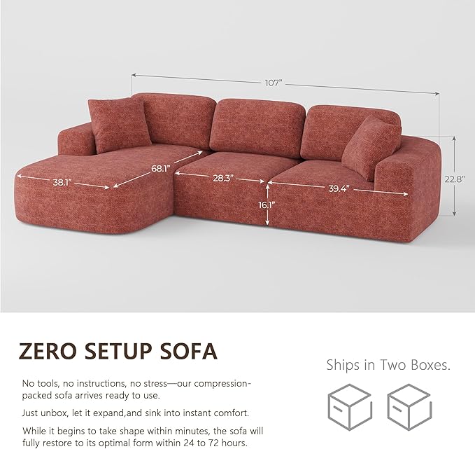 Dowinx 107'' Modular Sectional Sofa Couch with Chaise, No Assembly Required, Modern Woven-Textured Upholstery, Convertible L-Shaped Design for Living Room – Rust Brown