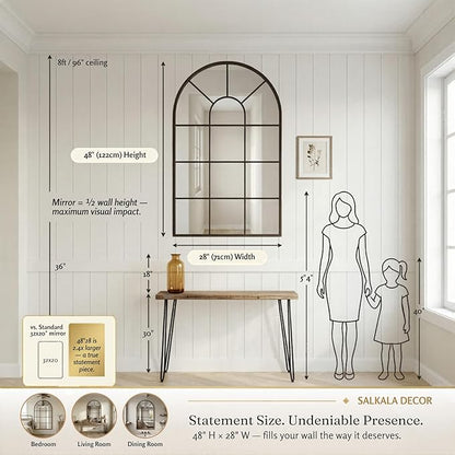48x28Inch Arched Window Pane Mirror| Black Arched Mirrors for Wall & Floor | Arch Mirror Full Length for Entryway Living Room & Bedroom | Oversized Mirrors | Wall Art Decorative |Farmhouse Décor
