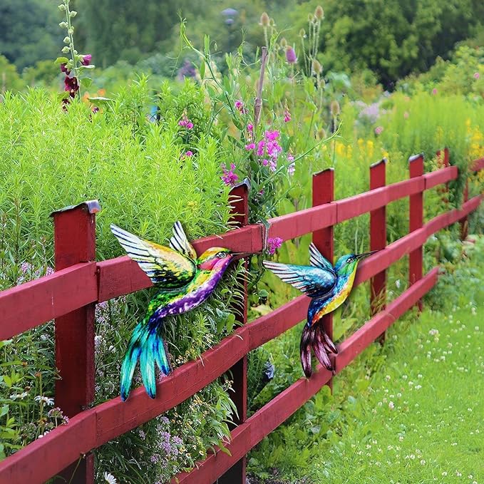 4 Pack Outdoor Garden Wall Art Decor Metal Hummingbird, 3D Colorful Garden Birds Sculpture, Metal Hand made Bird Wall Art Decorations for Fence Patio Balcony Living Room (purple)