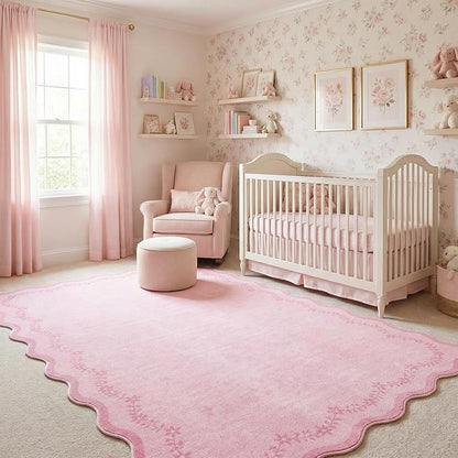 GarveeHome 6x9 Scalloped Area Rug Pink Washable Rugs for Living Room Bedroom, Soft Low Pile Non Slip Accent Floor Mat Solid Floral Print Throw Rug Farmhouse Indoor Carpet for Dorm Playroom