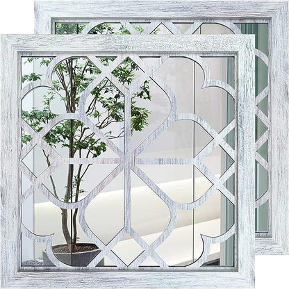 Wocred 2 PCS Square Wall Mirror,Gorgeous Rustic Farmhouse Accent Mirror,Rustic White Color Entry Mirror for Bathroom Renovation,Bedrooms,Living Rooms and More （20”）