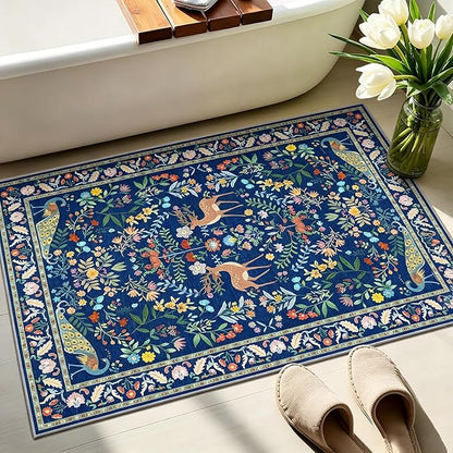 Lunasun 2x3 Washable Bathroom Rug, Small Throw Rugs for Kitchen, Powder Room, Front Door Indoor Entrance, Non Slip Low Pile Stain Resistant, Blue Colorful Floral Aethestic