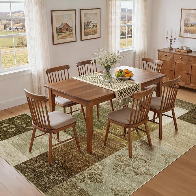 UERMEI 5x7 Area Rug Washable, Brown Modern Geometric Rugs for Living Room, Non-Slip Patchwork Carpet, Stain Resistant Low-Pile Foldable Rug for Bedroom Dining Room - Brown