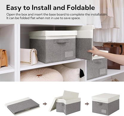 GRANNY SAYS Storage Bins with Lids, Linen Closet Storage Boxes, Collapsibe Storage Bins for Clothes, Storage Containers with Label Holder, 3-Pack, Gray&Ivory